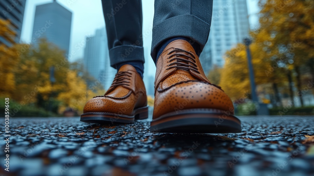 Close-up of a person wearing classy brown leather shoes standing on wet pavement, with subtle reflections from the water. Close-up of a person wearing classy brown leather shoes standing on wet pavement, with subtle reflections from the water.