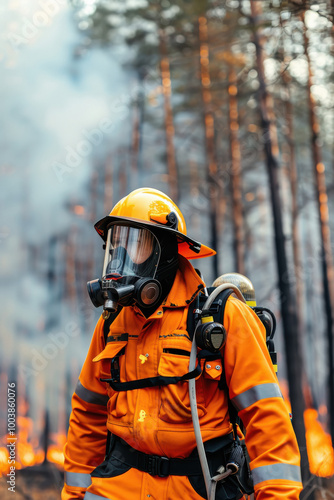 A firefighter in a yellow suit is standing in front of a forest fire