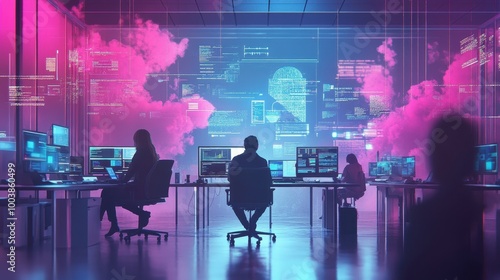 Futuristic Tech Office: Silhouettes in Neon Glow