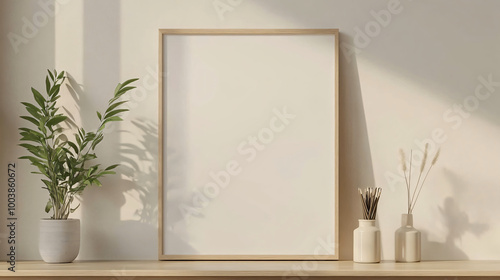 Mock-up frame on a Scandinavian-style bookshelf in a minimalist living space, 3D render.