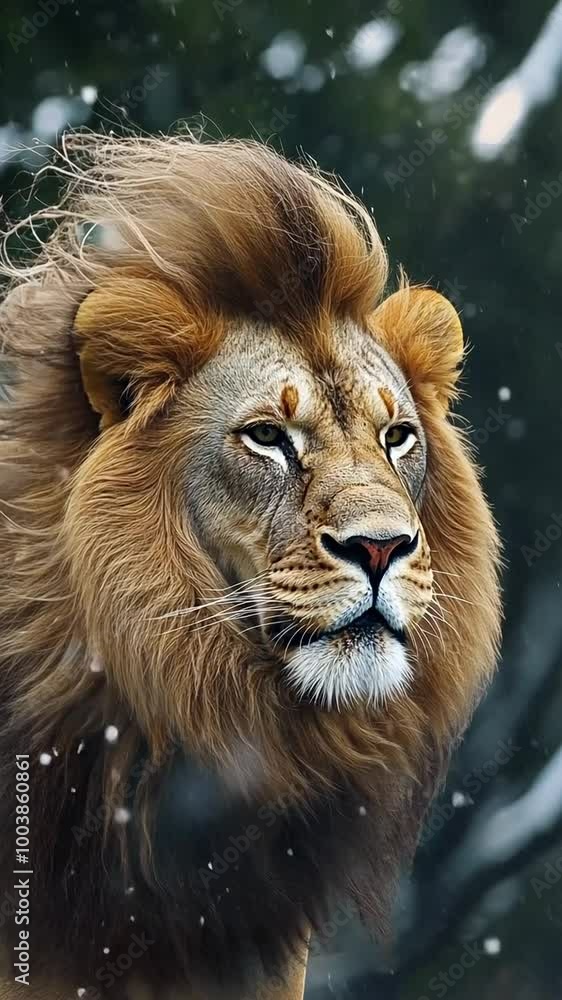 Majestic lion stands calmly in a gentle snowfall, showcasing its flowing mane against a serene winter backdrop Majestic lion stands calmly in a gentle snowfall, showcasing its flowing mane against a serene winter backdrop