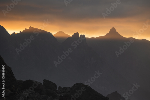 Beautiful sunset at Benijo beach in Tenerife, Dramatic clouds and beautiful light create beautiful views.