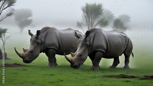 Rhinos Grazing in the Early Morning Fog beautifully captures the serenity and mystery of a pair of rhinos grazing in the early morning fog.