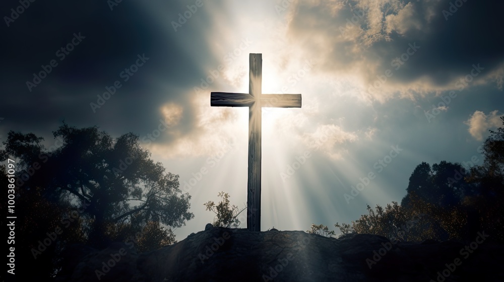 Silhouette Holy cross concept symbol on top mountain Resurrection background with sunlight Silhouette Holy cross concept symbol on top mountain Resurrection background with sunlight