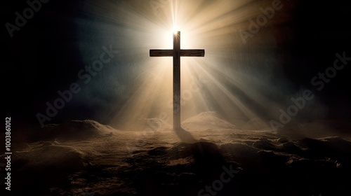 Silhouette Holy cross concept symbol on top mountain Resurrection background with sunlight