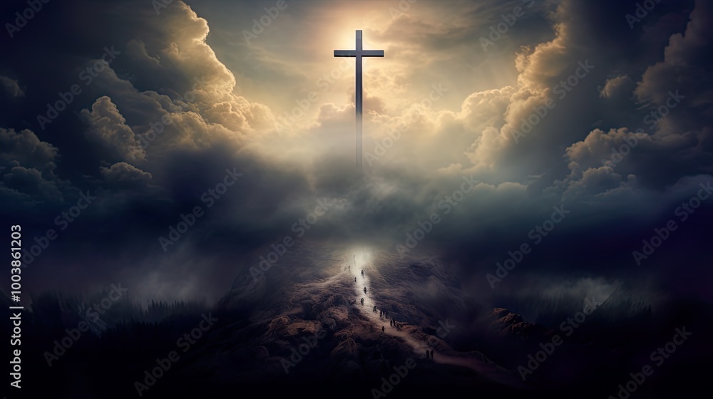 Silhouette Holy cross concept symbol on top mountain Resurrection background with sunlight Silhouette Holy cross concept symbol on top mountain Resurrection background with sunlight