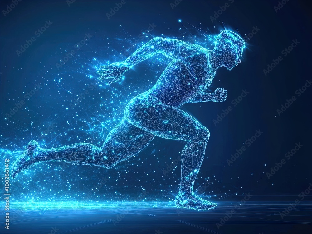Dynamic Abstract Athlete in Geometric Shapes: An Energetic Blue and Purple Aura Against a Cosmic Backdrop - Perfect for Sports Interior Posters and Motivational Wall Art Dynamic Abstract Athlete in Geometric Shapes: An Energetic Blue and Purple Aura Against a Cosmic Backdrop - Perfect for Sports Interior Posters and Motivational Wall Art