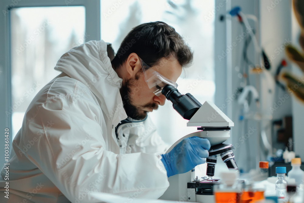 A man wearing a white lab coat and gloves is looking through a microscope A man wearing a white lab coat and gloves is looking through a microscope