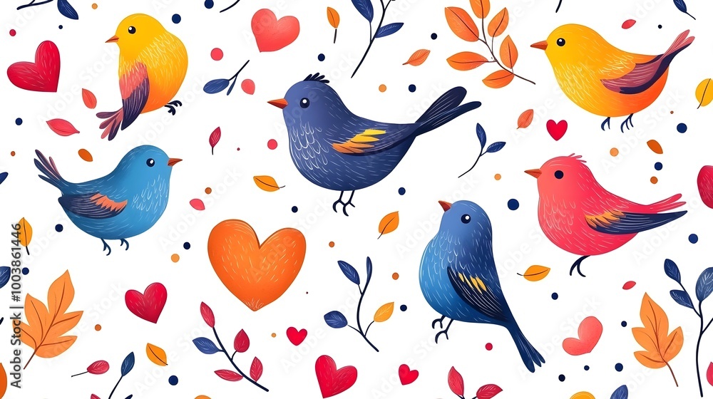 Obraz premium Vibrant cartoon birds with hearts and leaves scattered on a white backdrop, playful symmetry, bold and cheerful colors