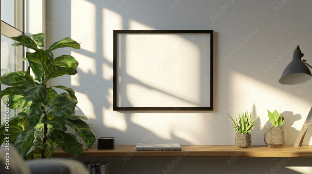 Mock-up frame on a floating shelf in a modern, brightly-lit living room, 3D render. Mock-up frame on a floating shelf in a modern, brightly-lit living room, 3D render.