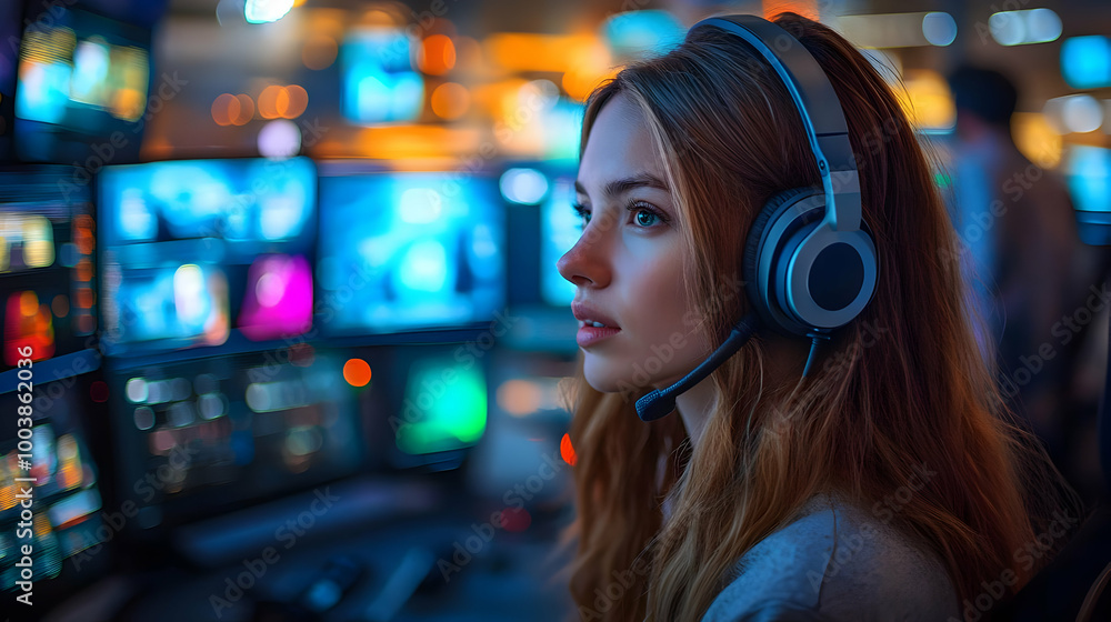 Woman in Headset Focuses on Computer Screens with Blue and Orange Lights Woman in Headset Focuses on Computer Screens with Blue and Orange Lights