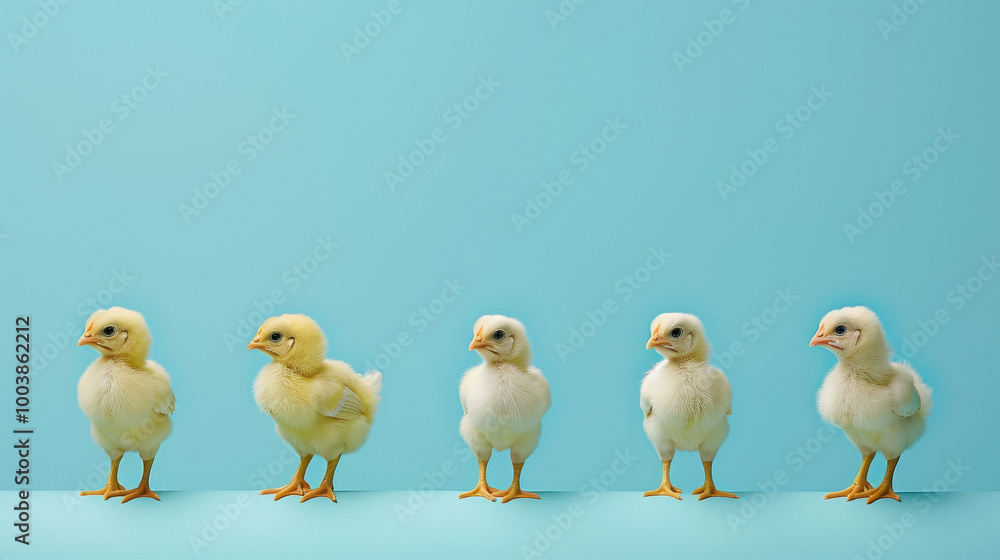 A row of five baby chicks standing on a blue background A row of five baby chicks standing on a blue background