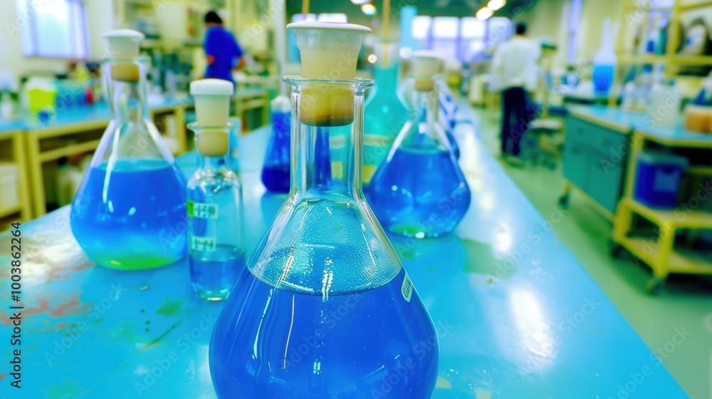 Laboratory Scene with Blue Solutions in Glassware Laboratory Scene with Blue Solutions in Glassware