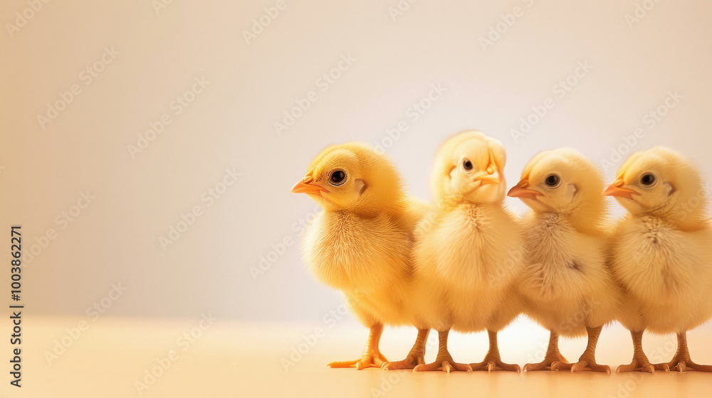 Four baby chicks standing in a row Four baby chicks standing in a row