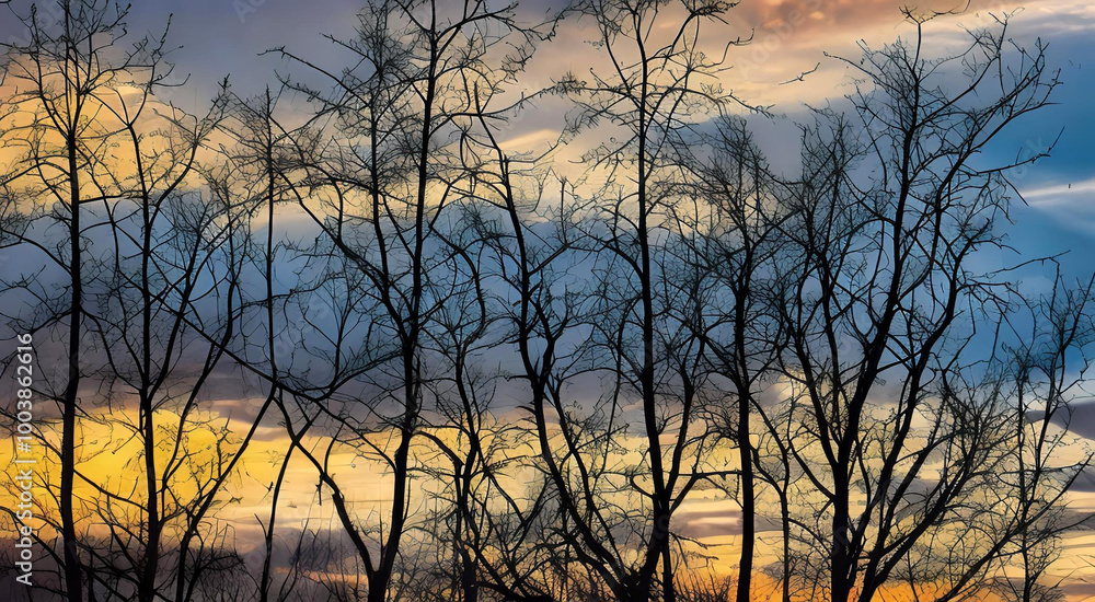 Bare trees stand tall before a stunning sunset, with the sky painted orange and purple. Bare trees stand tall before a stunning sunset, with the sky painted orange and purple.