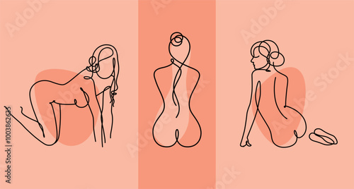 Beautiful woman body line art illustration. Minimalist female figure. Abstract nude female characters. Minimalist line women bodies set 2. Hand drawn art of body girls. Vector illustration