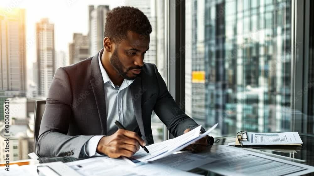 Professional man reviewing documents in a modern office with city skyline during sunset hours Professional man reviewing documents in a modern office with city skyline during sunset hours