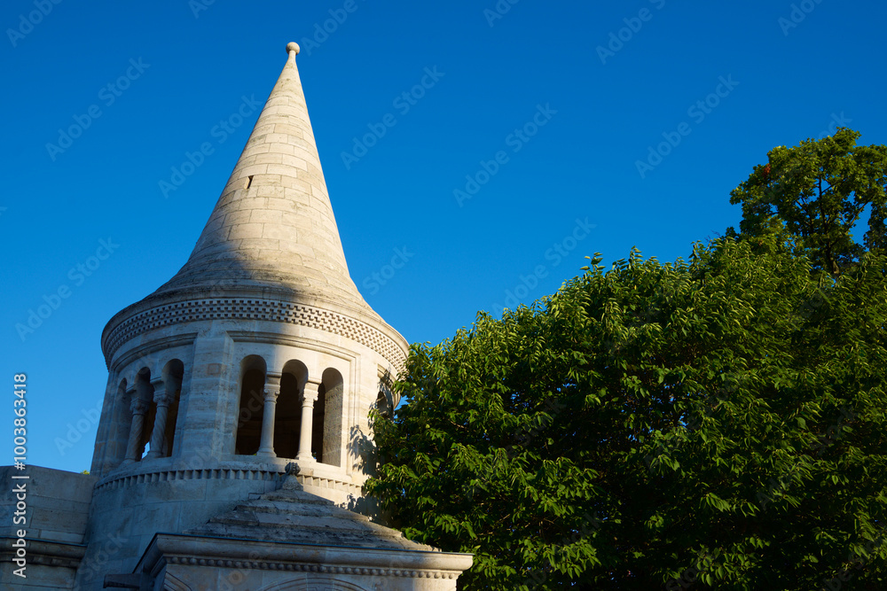 Tower in the Fisherman`s Bastion castle, Budapest in Hungary. Tower in the Fisherman`s Bastion castle, Budapest in Hungary.