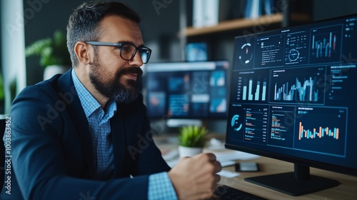 Businessman analyzing data on computer screen, demonstrating focus and expertise in financial metrics and digital analytics.