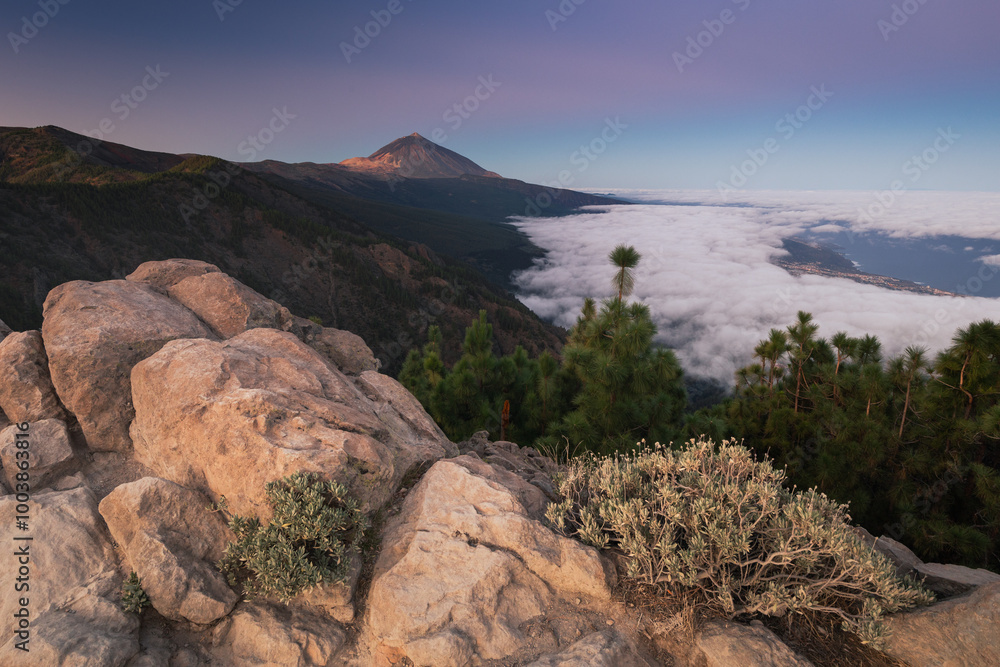 Beautiful sunrise from one of the viewpoints. View of Teide and most of the island of Tenerife.