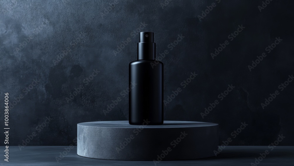 Black sanitizer spray bottle mockup on podium against dark background Black sanitizer spray bottle mockup on podium against dark background