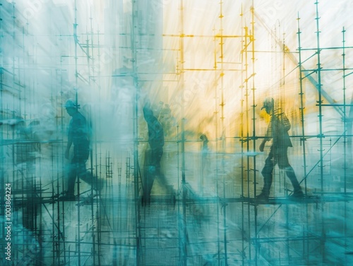 Blurred motion image of workers walking through urban construction site with steel scaffolding and sunlight. Abstract industrial scene.