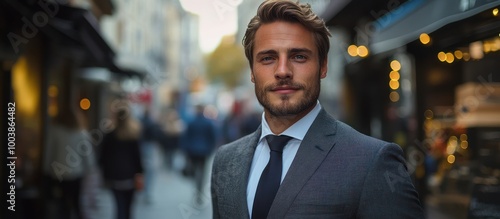 A handsome man in a suit walking down a city street, with the urban background blurred behind him.