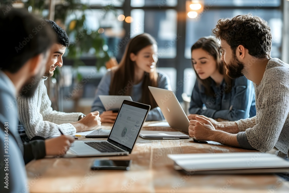 Group of People Sitting at a Table, Looking at a Laptop in a Business Meeting Group of People Sitting at a Table, Looking at a Laptop in a Business Meeting