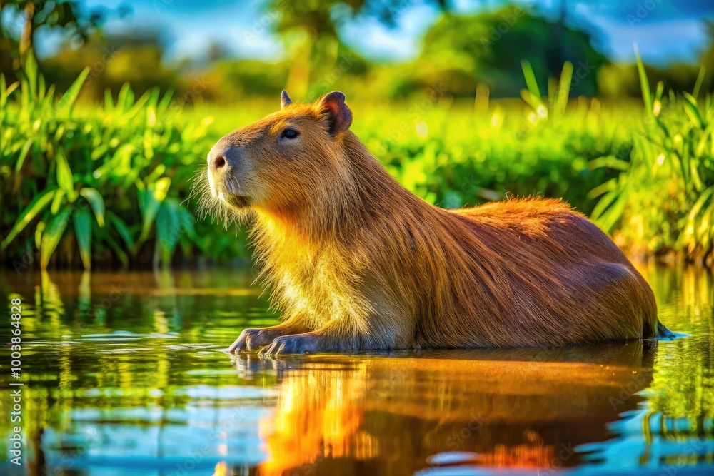 Fototapeta premium A calm capybara relaxes by the shimmering water, basking in the warm sun, surrounded by lush greenery in a tranquil and picturesque natural setting.