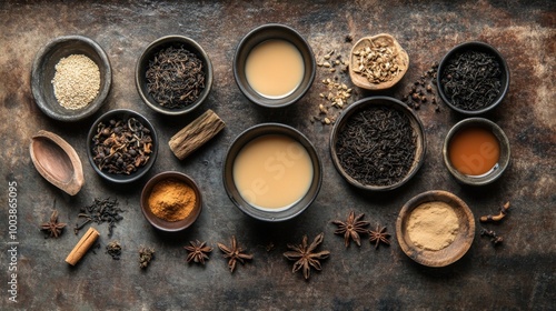 An artistic flat lay of Chaa Chak ingredients, including tea leaves, condensed milk, and spices, arranged on a rustic surface, showcasing the components of this beloved drink. photo