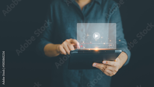 Multimedia player, Video on demand technology. Live digital social stream multimedia player. Businessman watching a live vdo. Online streaming window on internet, digital broadcasting concept.