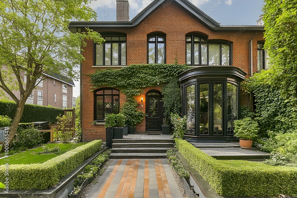 Naklejka premium Charming brick house exterior with elegant greenery