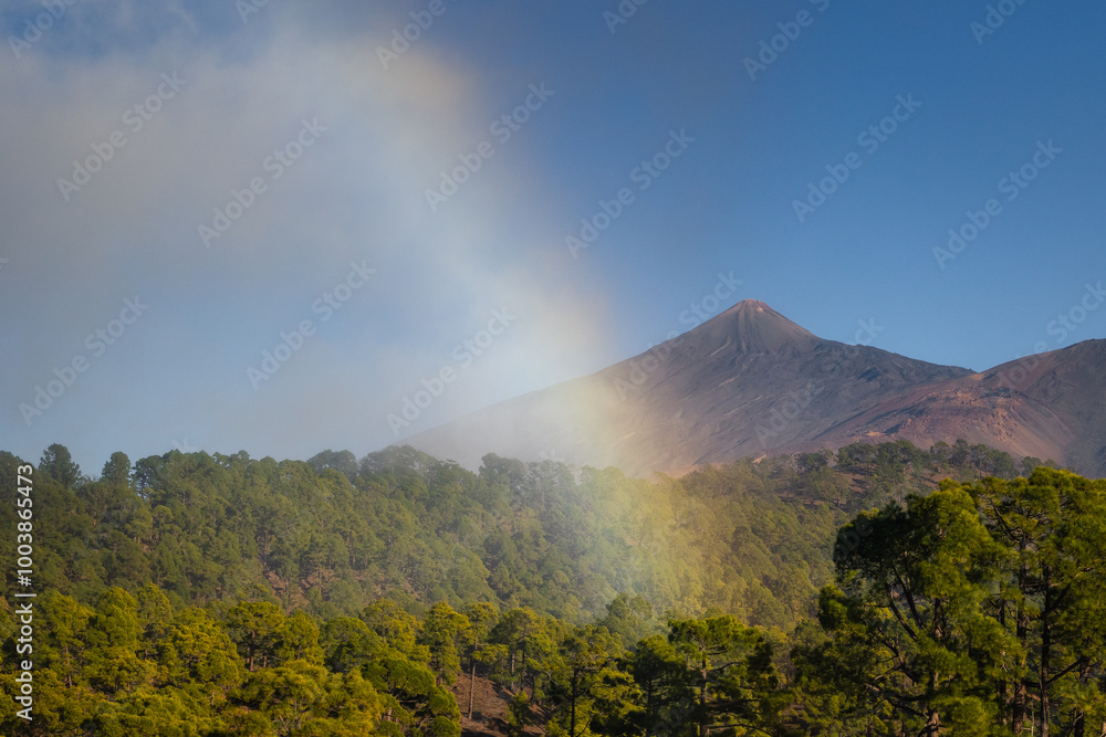 Teide volcano seen from the surrounding hills. Beautiful sunny weather favors such views.