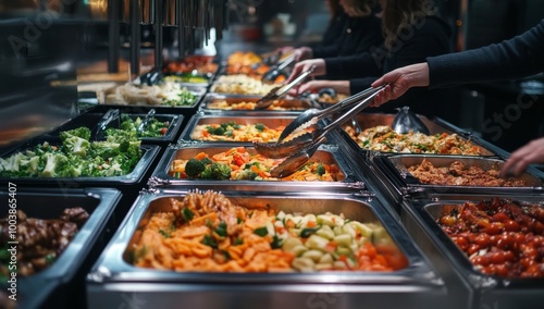 Close-up of a buffet line with various dishes, a hand with tongs grabbing food, and the blur of people in the background.