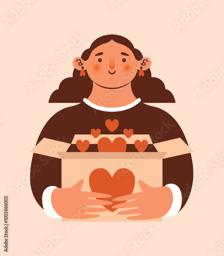 Naive illustration of young woman volunteer with box for donation full of hearts. Volunteering, supporting, humanism, charity concept. Modern cartoon clip art. Cute minimal badge. Flat Design.