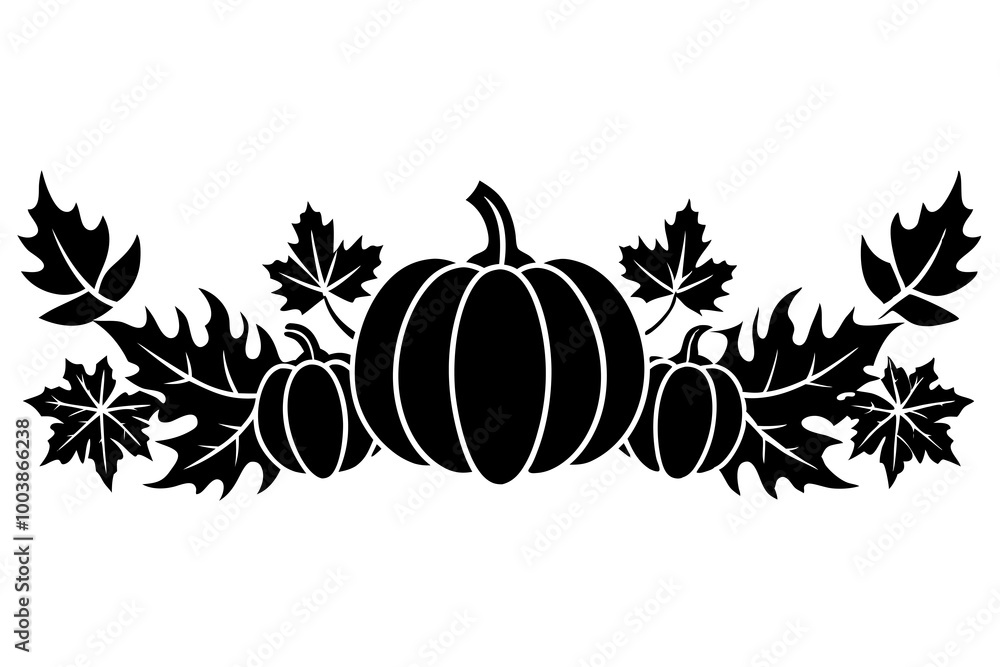 pumpkin is flanked by smaller pumpkins and surrounded by maple leaves pumpkin is flanked by smaller pumpkins and surrounded by maple leaves