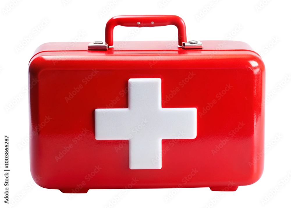 A red first aid kit box with a white cross symbol, designed for emergency healthcare and assistance, featuring a 3D appearance and isolated on a white background A red first aid kit box with a white cross symbol, designed for emergency healthcare and assistance, featuring a 3D appearance and isolated on a white background