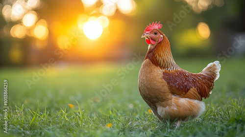 Beautiful rooster on green grass in the garden at sunset.