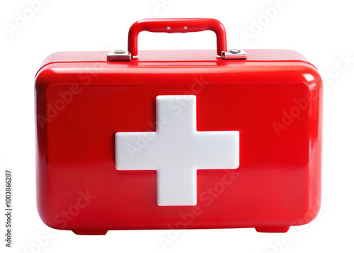 A red first aid kit box with a white cross symbol, designed for emergency healthcare and assistance, featuring a 3D appearance and isolated on a white background
