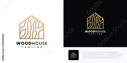 Wooden house logo design vector illustration. House wood grain texture logo icon made with lines
