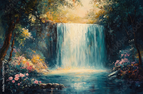 Enchanted Waterfall in a Hidden Glade: A Magical Impressionist Painting for Nature and Fantasy Themes