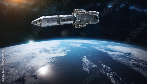 Fototapeta Naklejka Na Ścianę i Meble -  Space craft in outer space near Earth planet. 