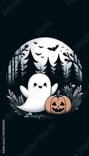 A cute ghost and pumpkin in the woods, in the style of a vintage painting, with a dark background and a Halloween theme