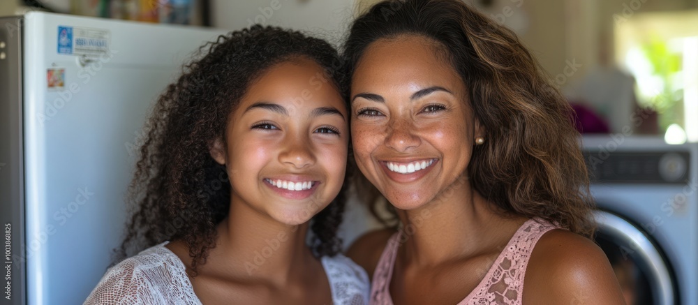 Fototapeta premium A mother and daughter smile happily at the camera in their kitchen.