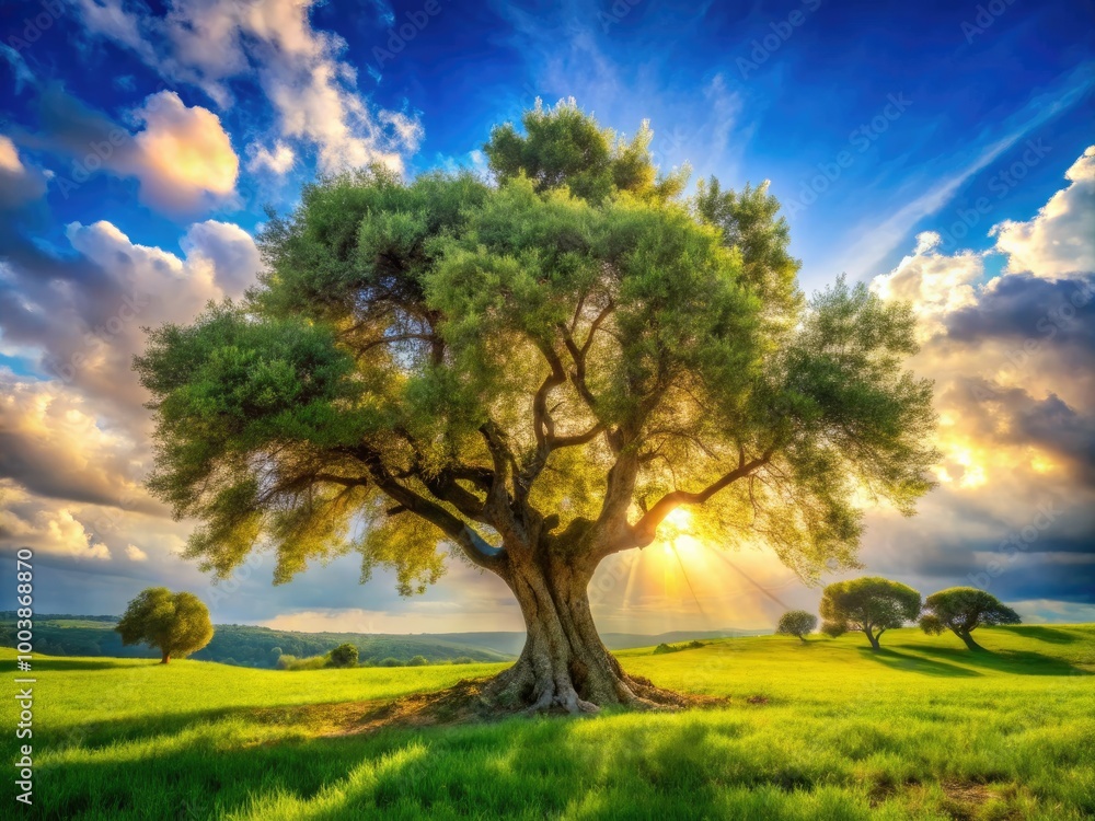 Fototapeta premium A grand olive tree stands tall under a bright sun, surrounded by vibrant green grass and a clear blue sky, radiating nature's serene beauty.