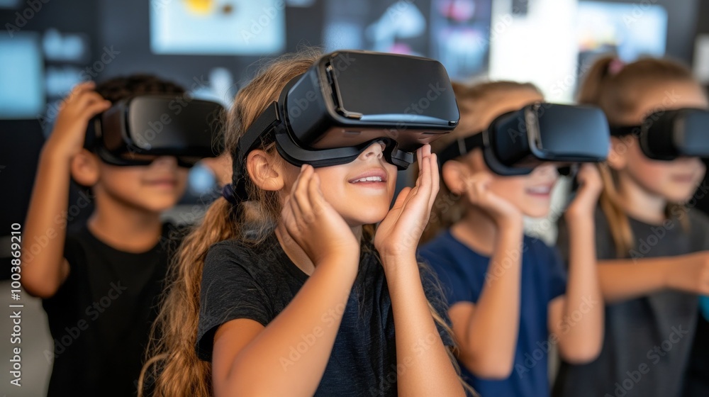 A group of children wearing virtual reality goggles A group of children wearing virtual reality goggles