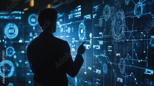 Futuristic Digital Landscape with Silhouetted Person