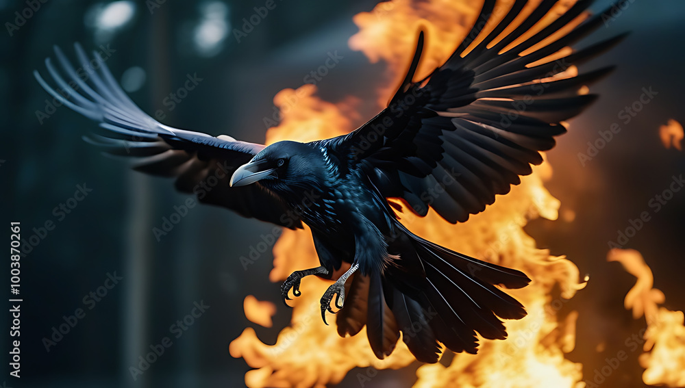 Fototapeta premium flaming raven flight creating striking visual