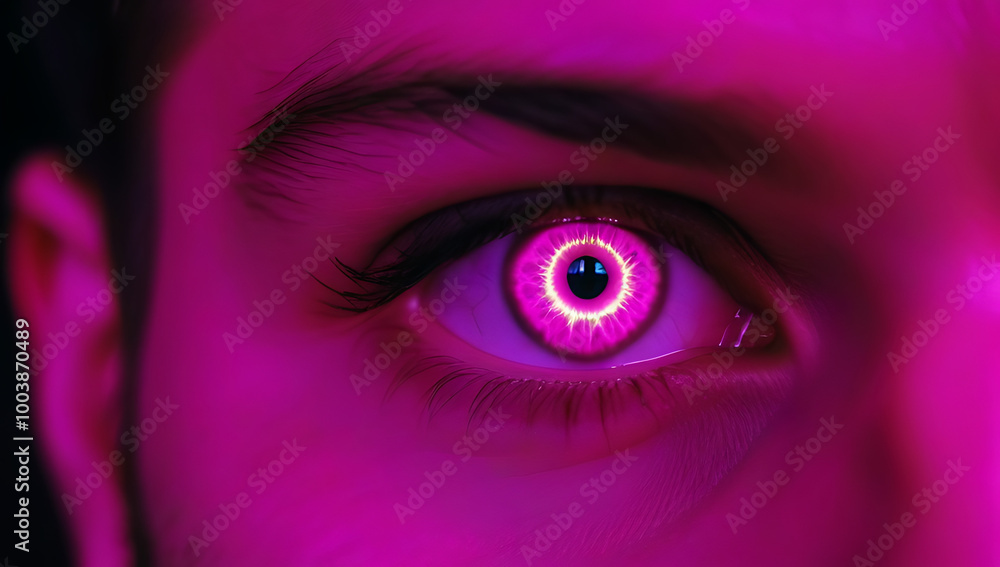 Fototapeta premium glowing pink magenta eye mysterious man intense paranormal gaze halloween concept