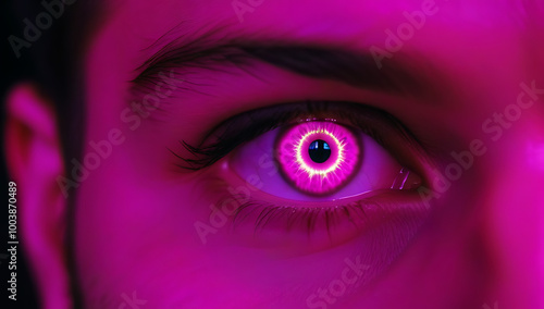 glowing pink magenta eye mysterious man intense paranormal gaze halloween concept photo